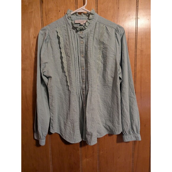 LOFT Women’s Sage Green BluCottagecore Lace Trim Pintuck Button Front Blouse L/p - Picture 9 of 12